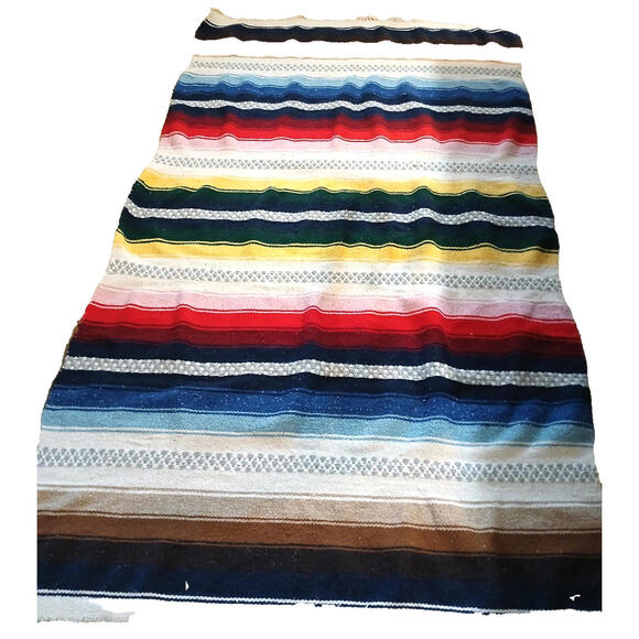 Vintage Mexican Woven Wool Saltillo Serape Blanket Multicolor Stripes & Fringe - Picture 2 of 9